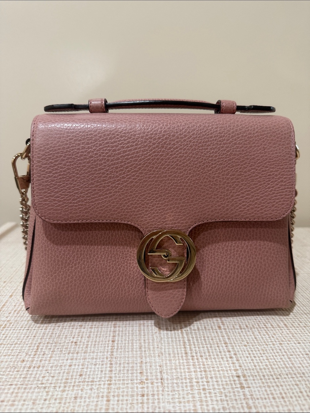 Medium Pink Dollar Calfskin Interlocking G Satchel